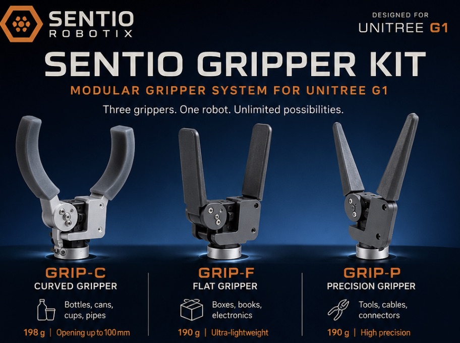 Sentio Gripper Kit — tři typy gripperů Grip-C, Grip-F, Grip-P