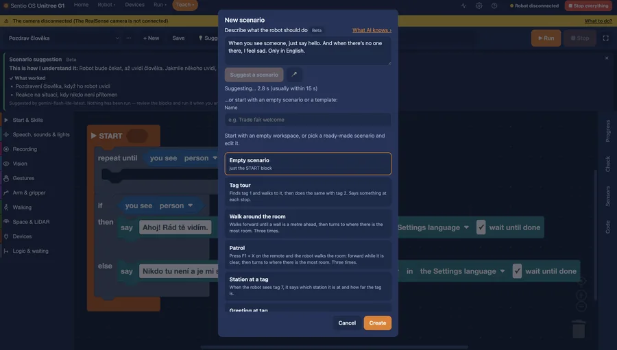 Sentio OS: new scenario drafted from a text description