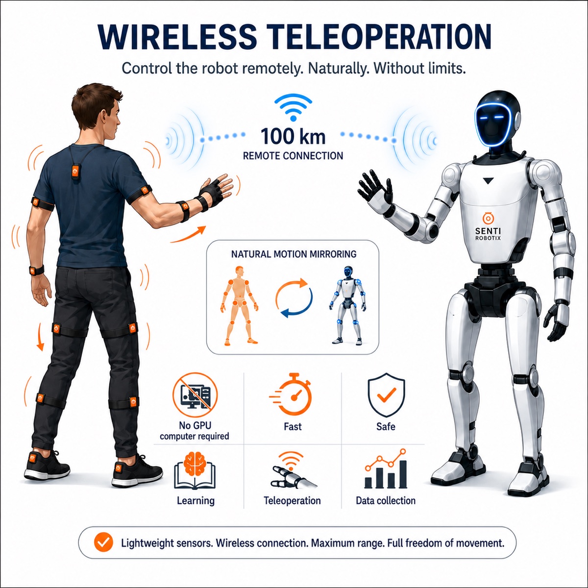 Sentio Teleop Kit — wireless teleoperation: an operator with wearable sensors mirrors motion to robot Senti